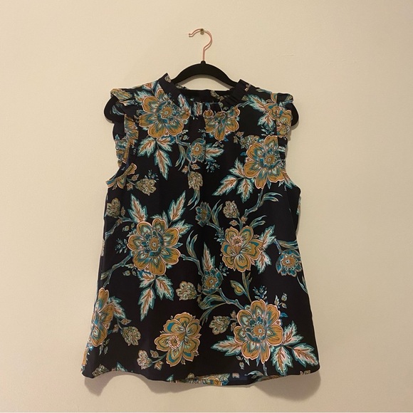 NWT J Crew Small Navy Blue Floral Ruffleneck Sleeveless Blouse - Picture 10 of 10